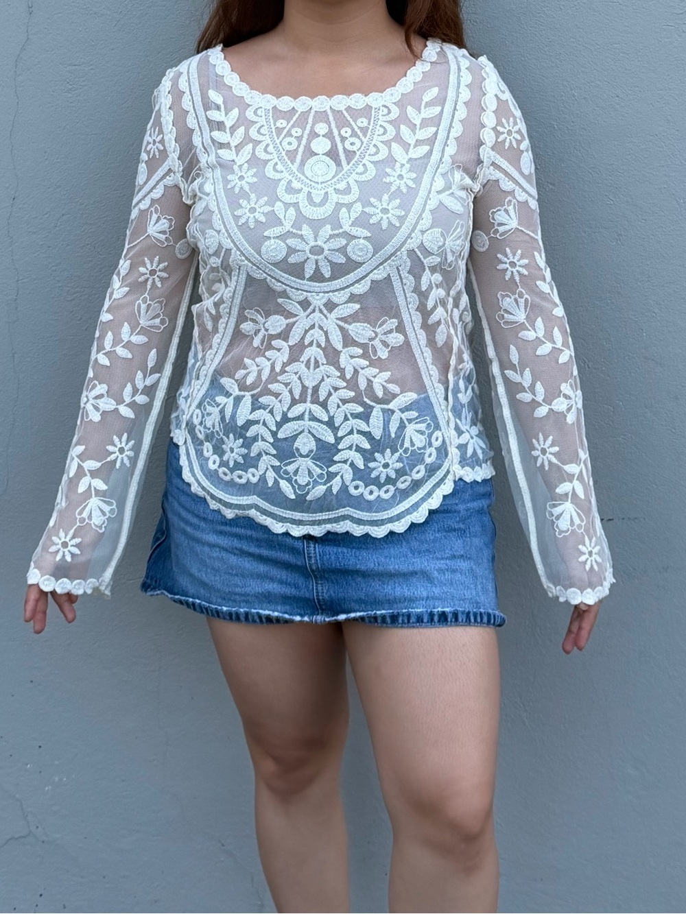 Vintage White Embroidered Sheer Top - Women